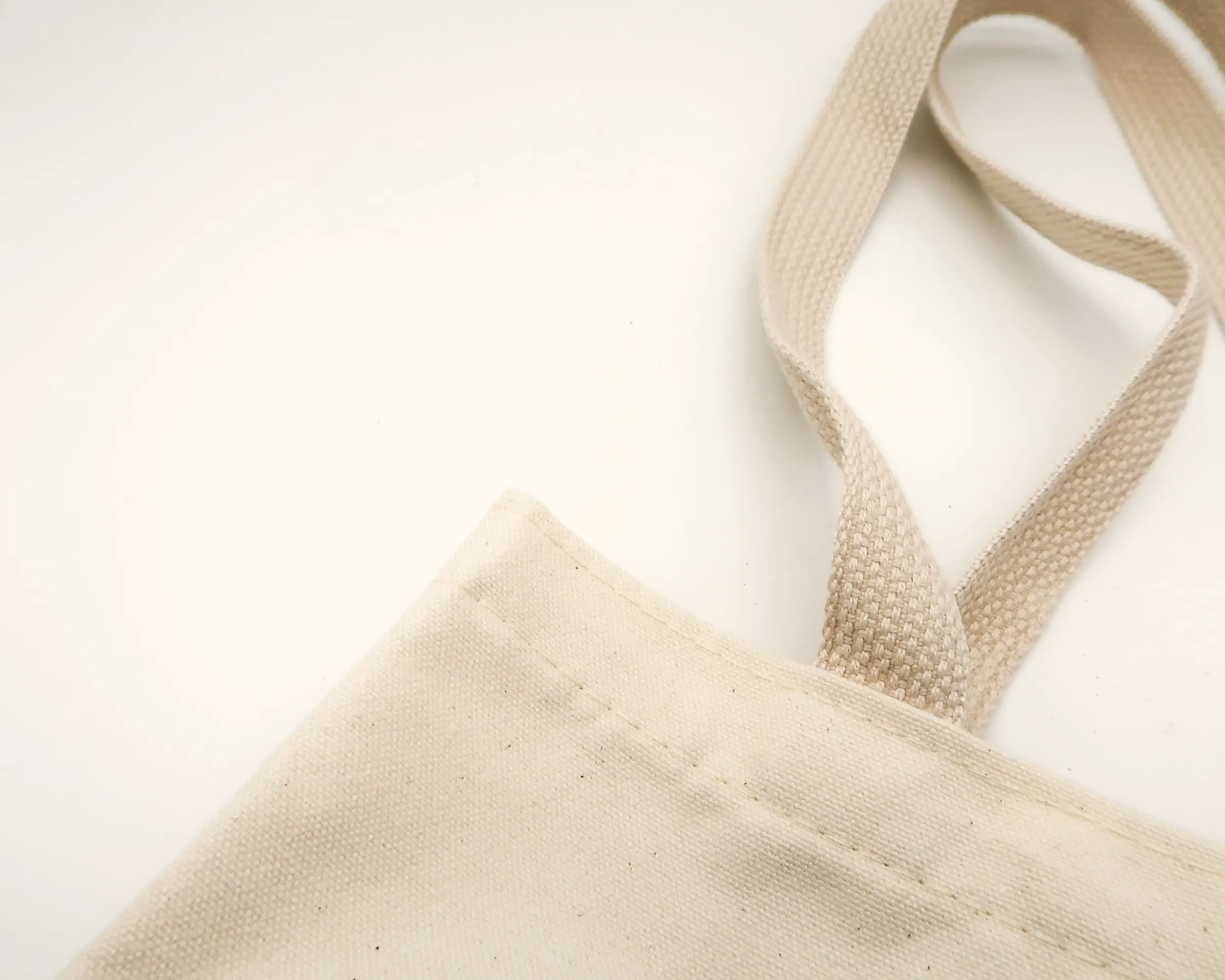 Close-up of a natural cotton canvas tote with woven webbing handles on a white ground