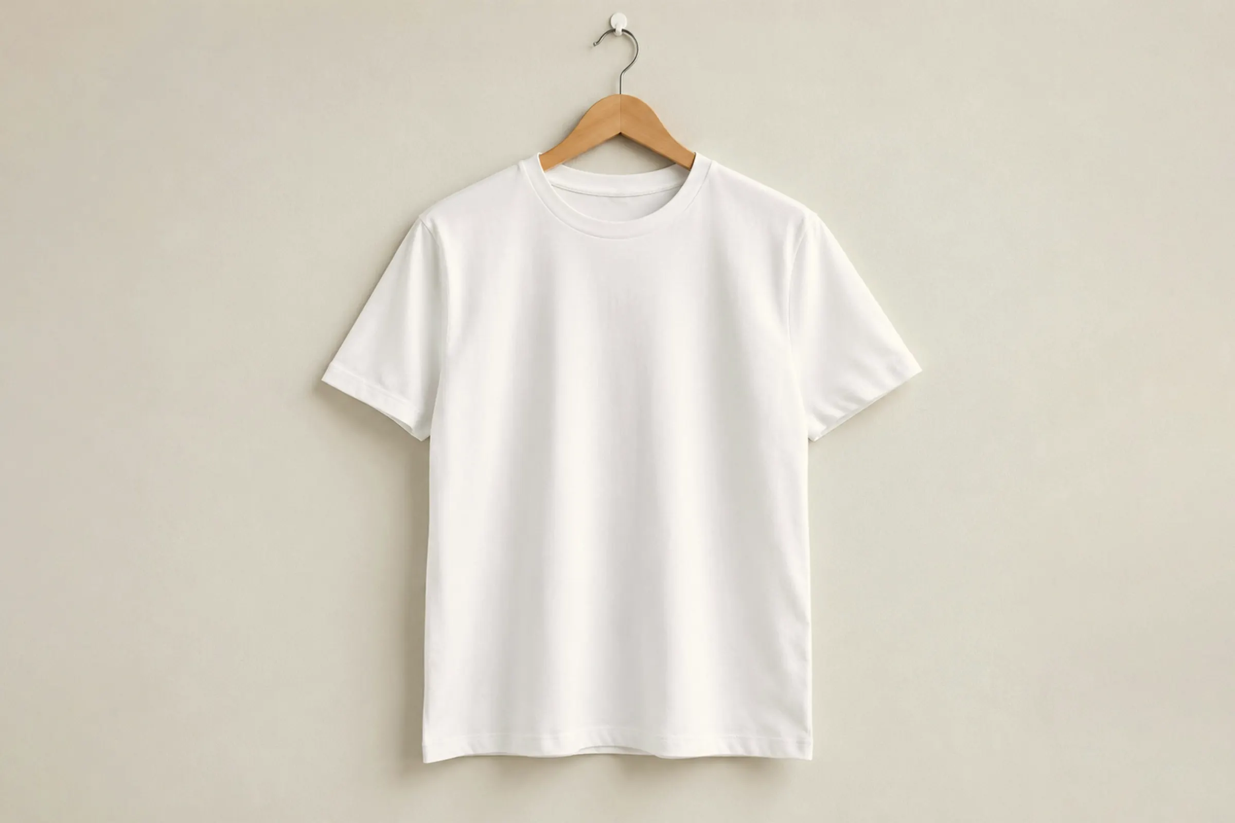 A plain white crewneck T-shirt on a wooden hanger against a warm off-white wall